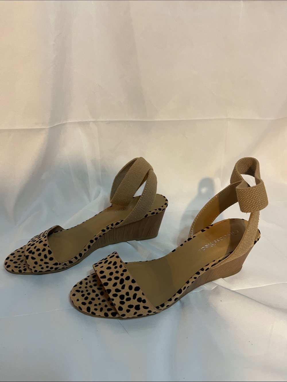 Cityclassified Tan and Black Leopard Wedge Sandals with Ankle Strap